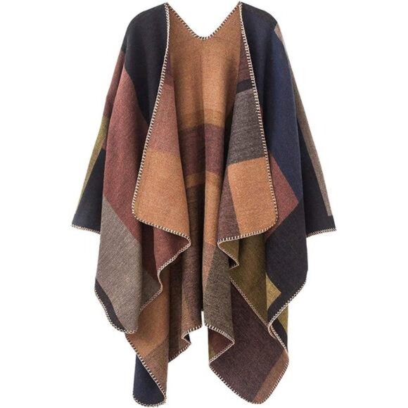 Women's Plaid Sweater Poncho Cape Coat Open Front Blanket Shawls and - Picture 1 of 7
